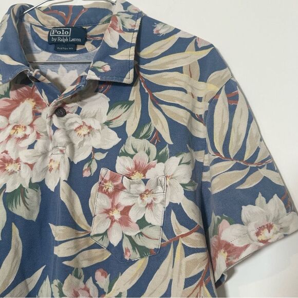 Vintage Polo Ralph Lauren Polo Shirt Floral Hawaiian Pique Cotton Men Sz Large - Picture 1 of 9